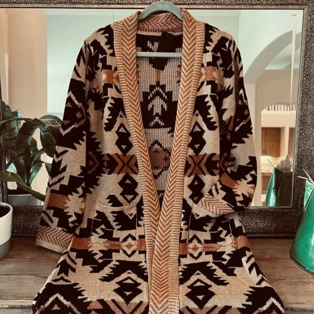 Long Tribal Print Cardigan Boho Aztec Sweater Western Pocketed Belted - Picture 6 of 6